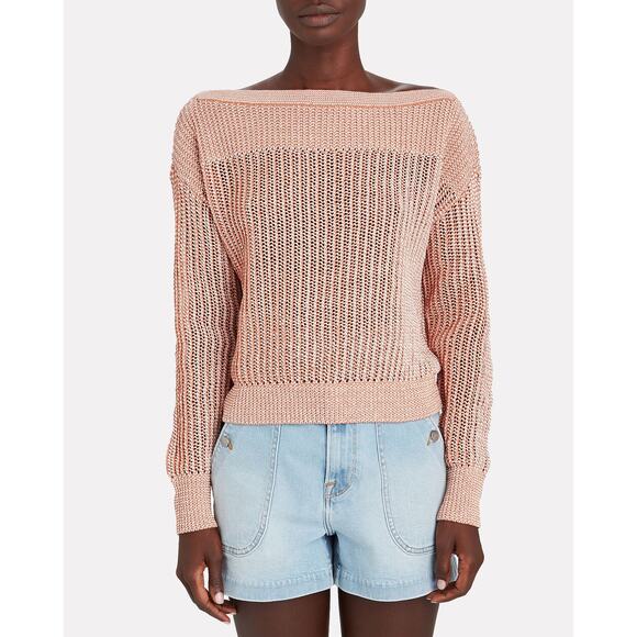 Intermix Megan Two-Tone Cotton Asymmetric Neck Open Knit Sweater Orange Beige P - Picture 2 of 6